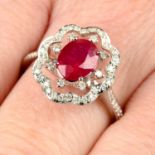 A ruby and brilliant-cut diamond floral openwork ring.