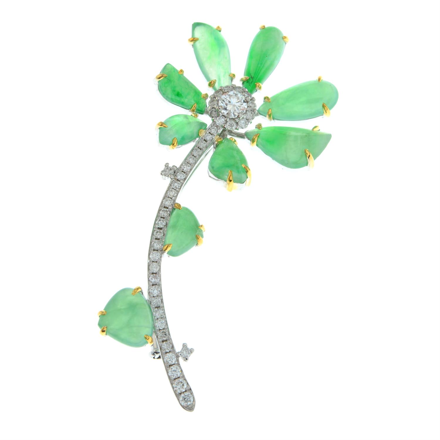 A jadeite jade and diamond floral brooch. - Image 2 of 4