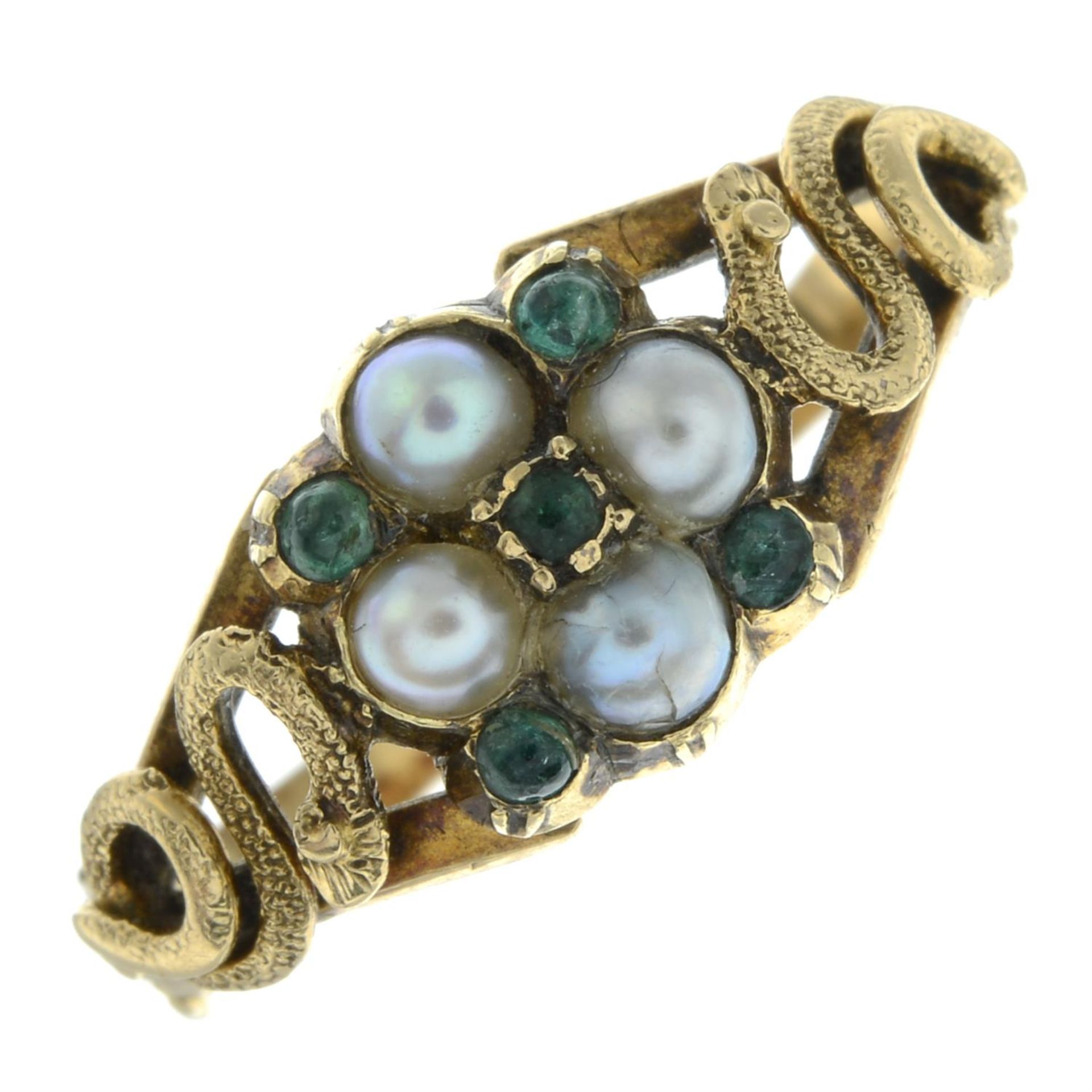 An early to mid 19th century gold emerald and split pearl mourning ring, with snake shoulders. - Image 2 of 5