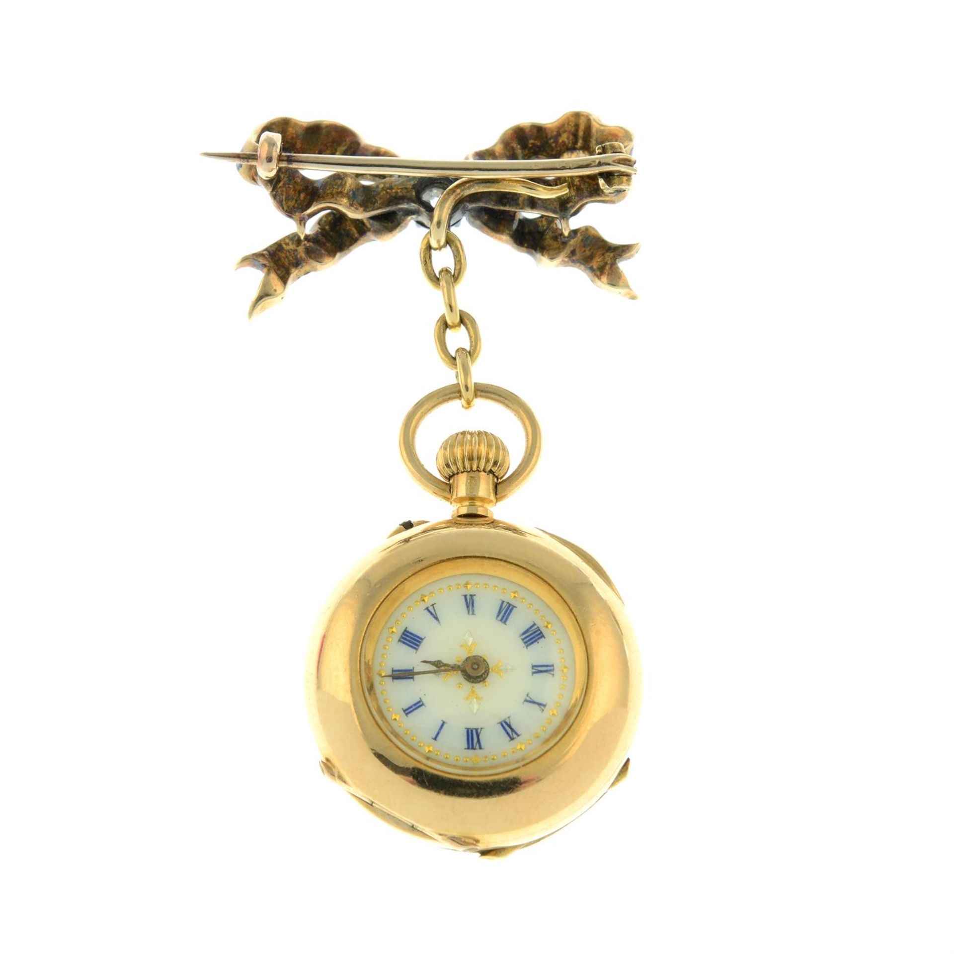 A late Victorian 18ct gold blue enamel and diamond initial fob watch, suspended from a blue enamel - Image 3 of 4