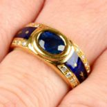 A sapphire and blue enamel band ring, with brilliant-cut diamond shoulders, by Fabergé.