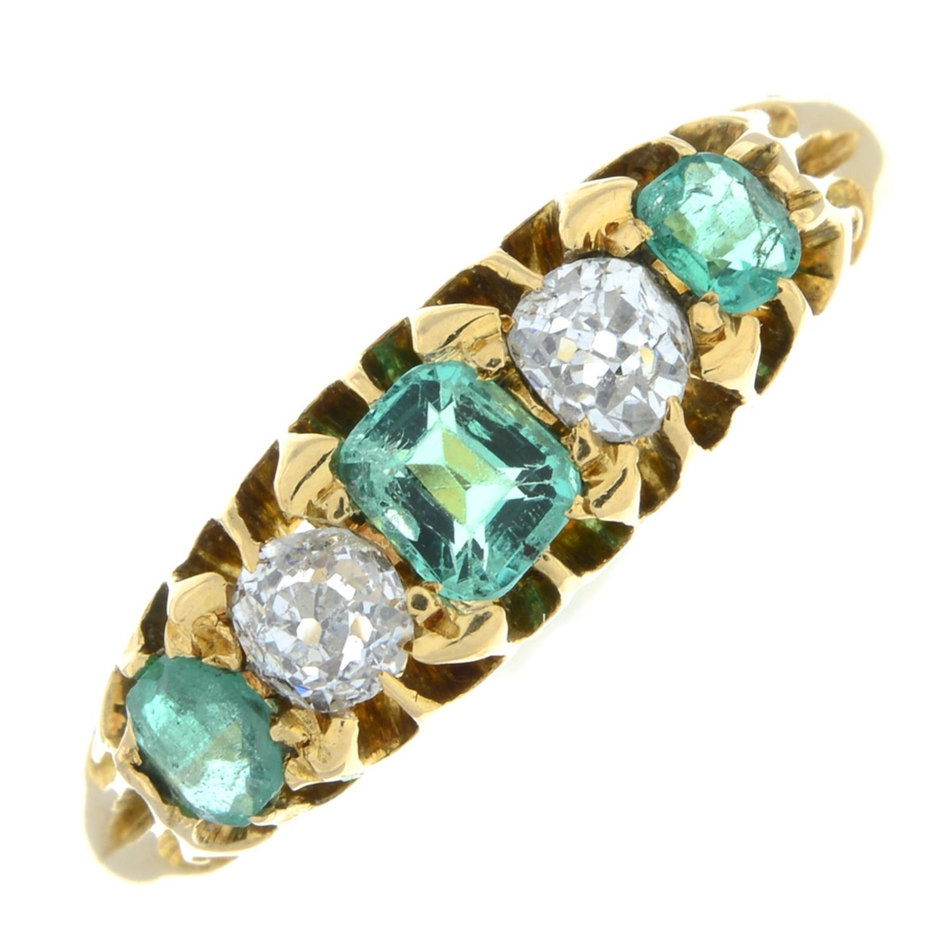 An 18ct gold emerald and old-cut diamond five-stone ring, with partial band replacement. - Bild 2 aus 4