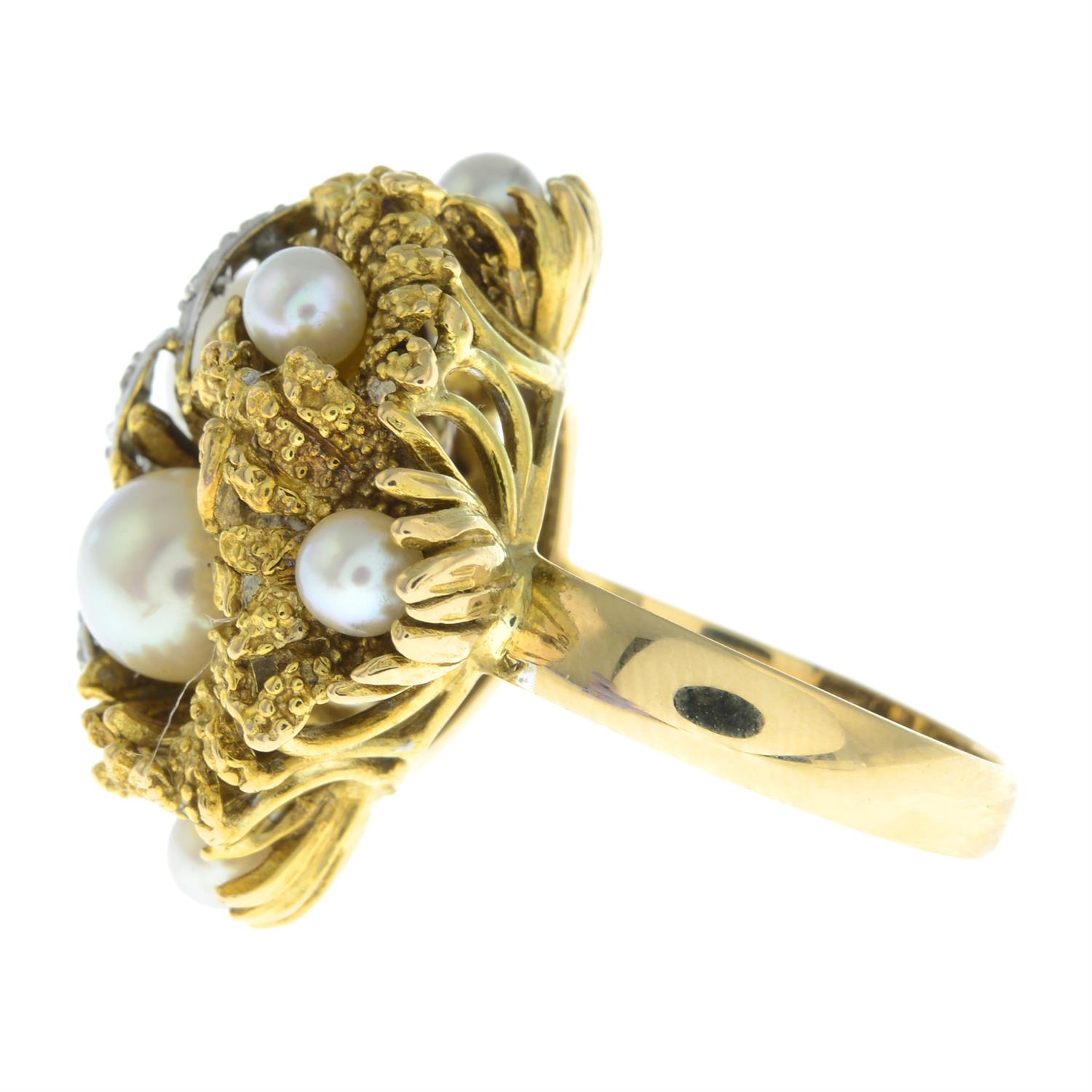 A mid 20th century 18ct gold cultured pearl and single-cut diamond floral bombé ring. - Image 3 of 5