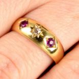 A late Victorian 18ct gold diamond and ruby tapered band ring.