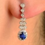 A pair of sapphire and brilliant-cut diamond drop earrings.