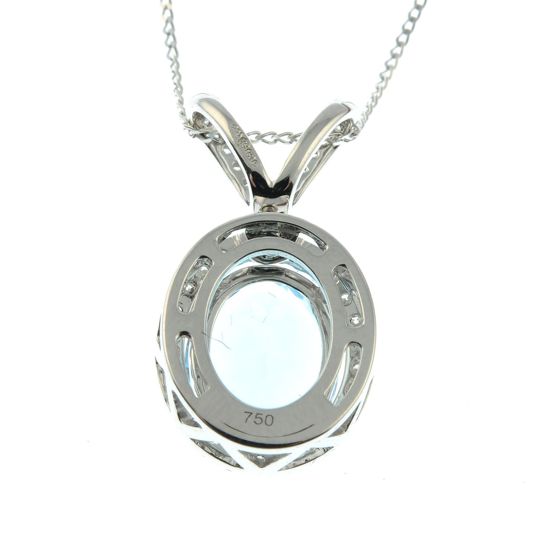 An 18ct gold aquamarine and brilliant-cut diamond pendant, with trace-link chain. - Image 3 of 5