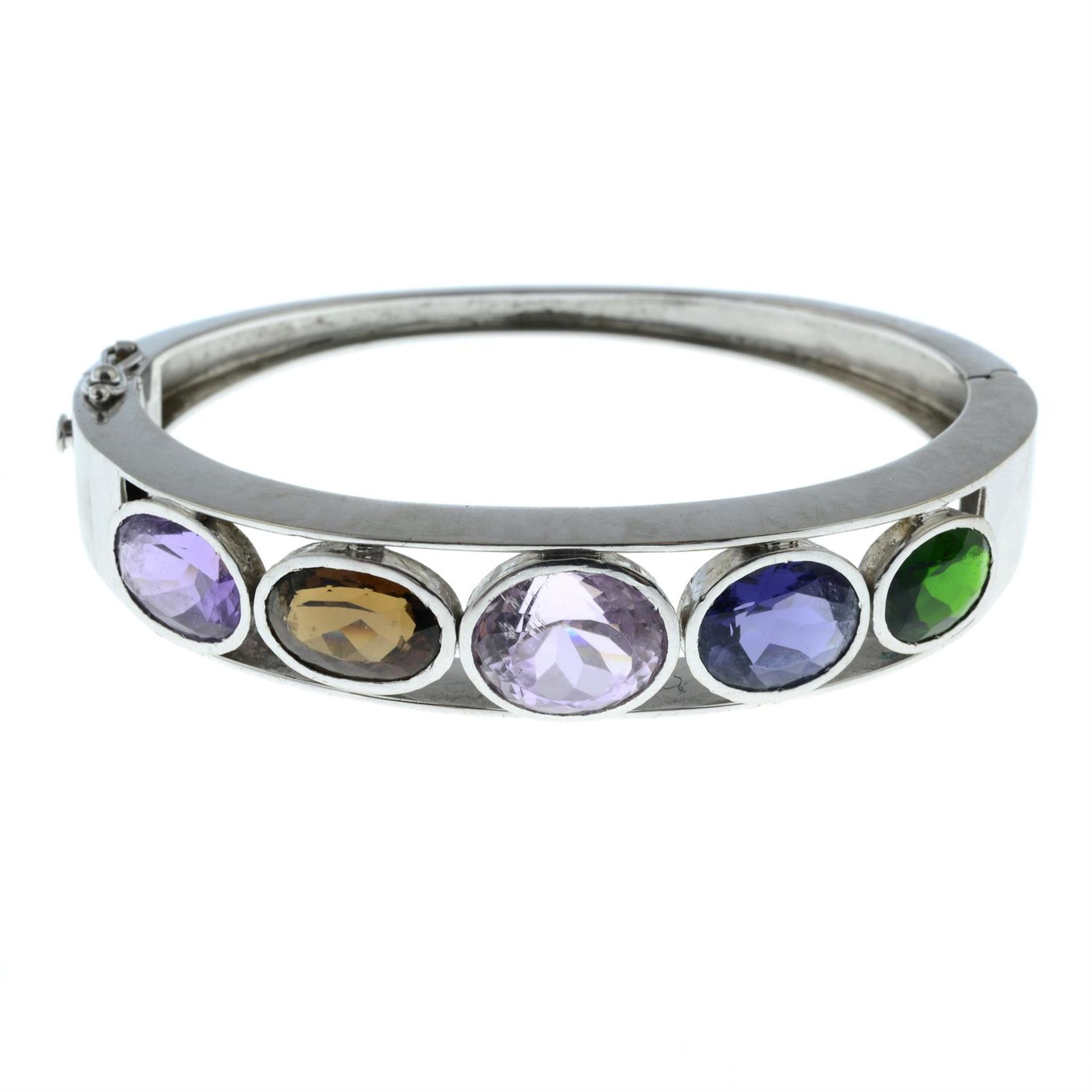 A hinged bangle, with amethyst, morganite, iolite and further collet-set gems. - Image 2 of 3