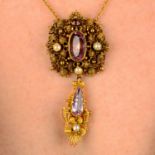 A Georgian gold foil-back pink topaz and split pearl cannetille pendant, with later 15ct gold