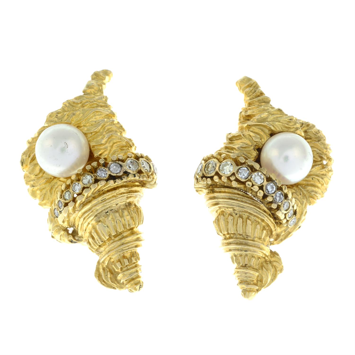 A pair of cultured pearl and diamond textured shell earrings, by Ilias Lalaounis. - Image 2 of 3