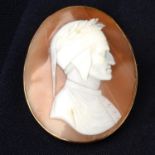 An early 20th century 9ct gold carved shell cameo brooch, depicting a man of antiquity in profile,
