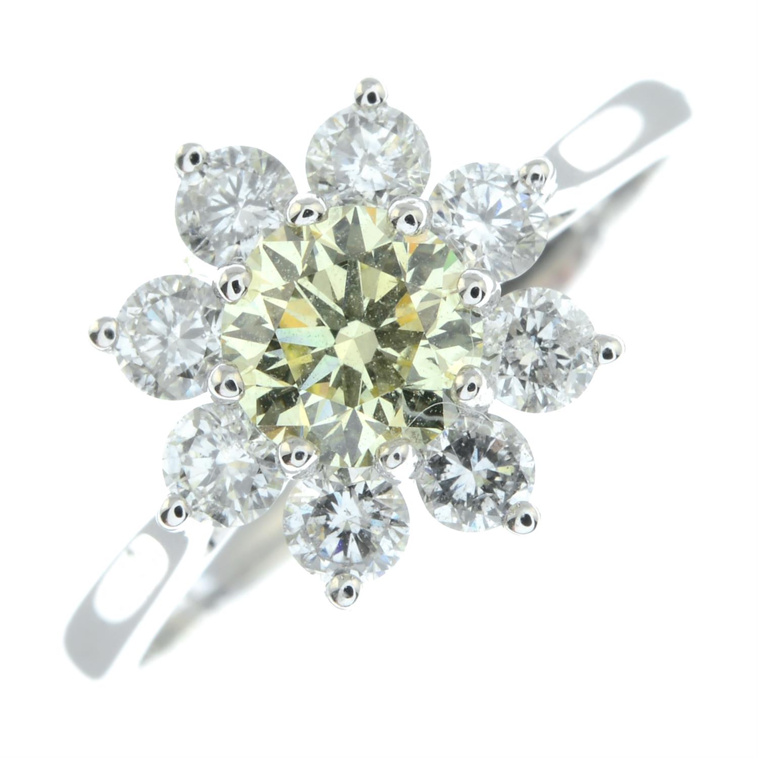 An 18ct gold brilliant-cut diamond and 'yellow' diamond floral cluster ring. - Image 2 of 5