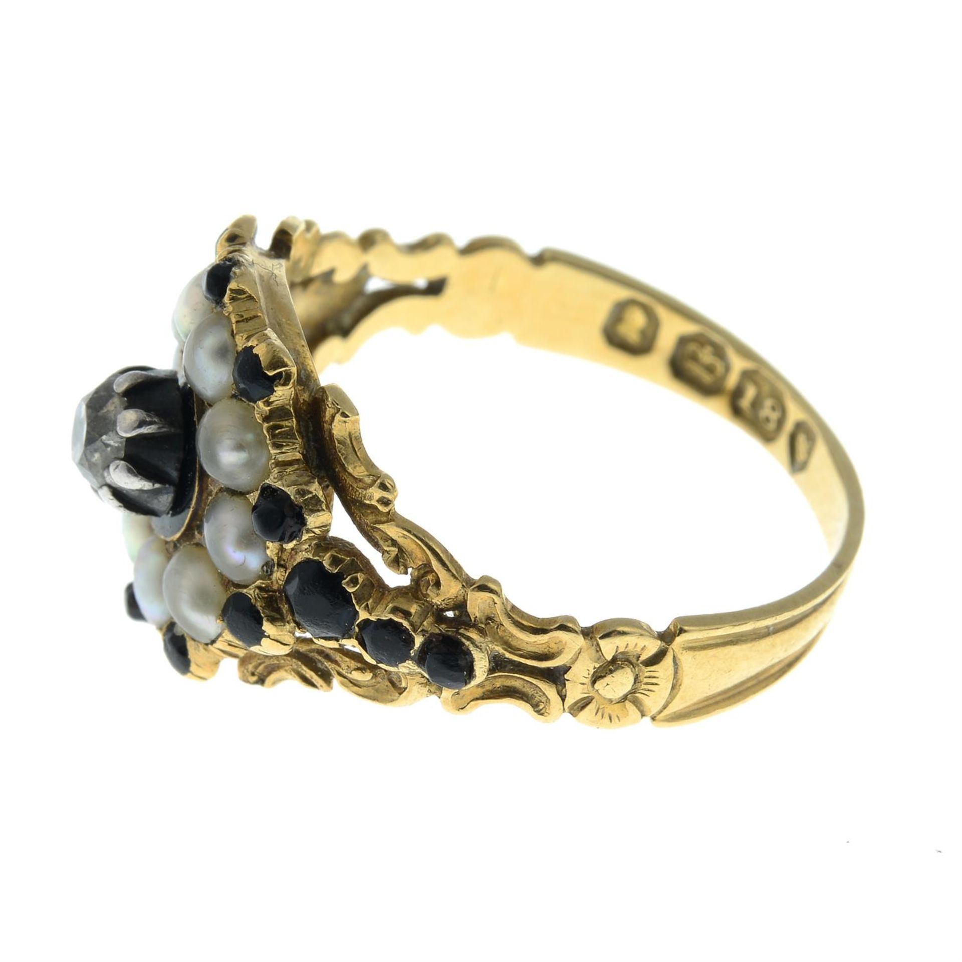 A Georgian 18ct gold black garnet, split pearl and old-cut diamond mourning ring, - Image 3 of 5