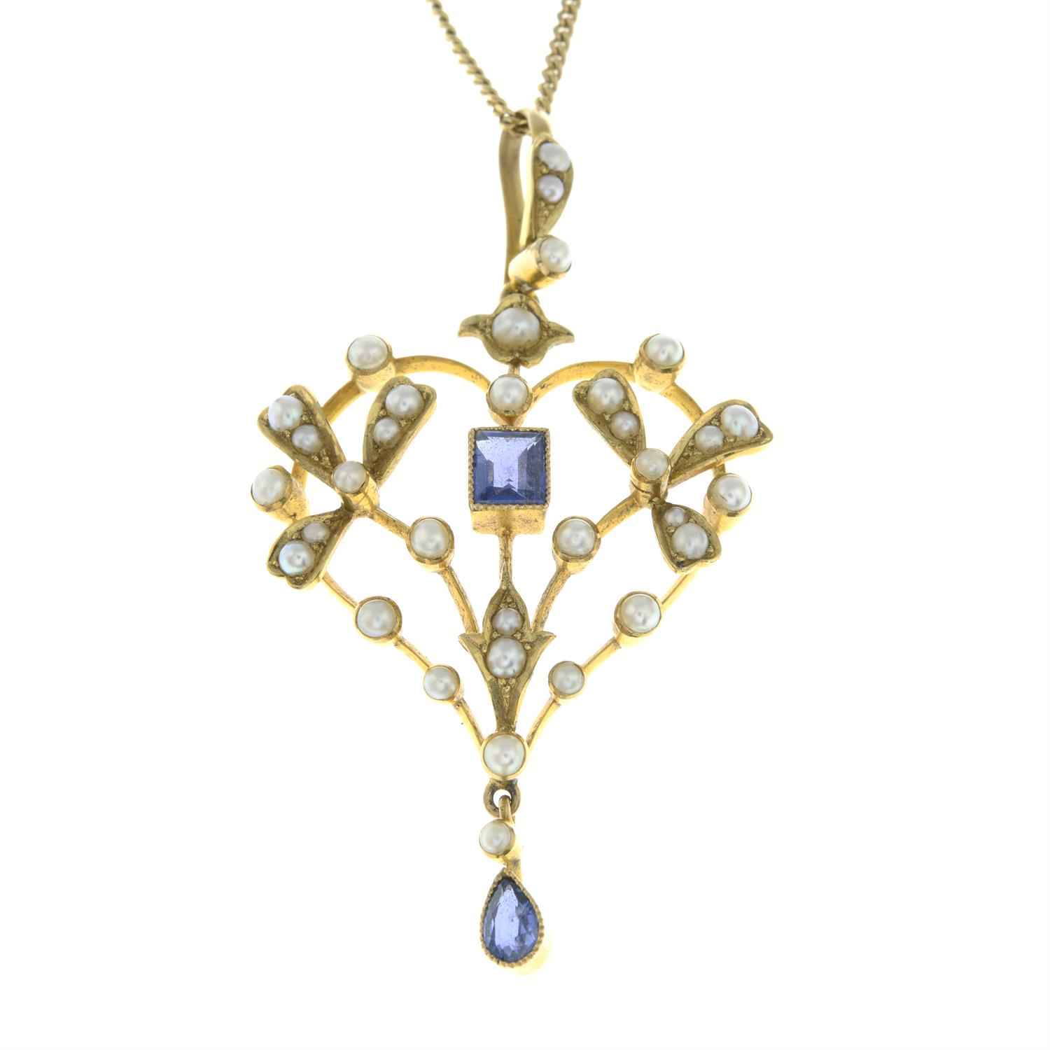 An early 20th century 15ct gold sapphire and split pearl pendant, with later 9ct gold chain. - Image 2 of 5