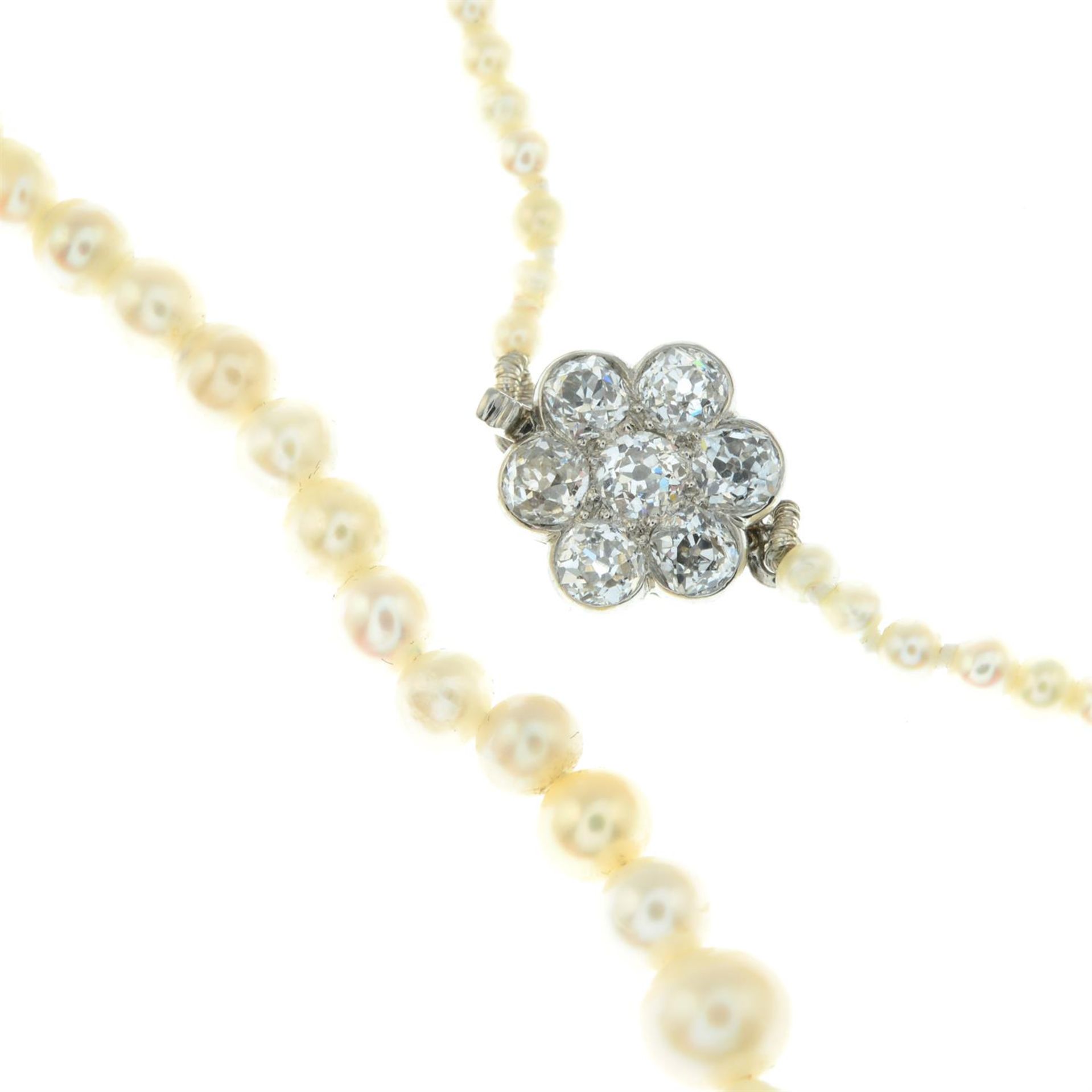 A natural pearl necklace, with old-cut diamond cluster clasp. - Image 3 of 5