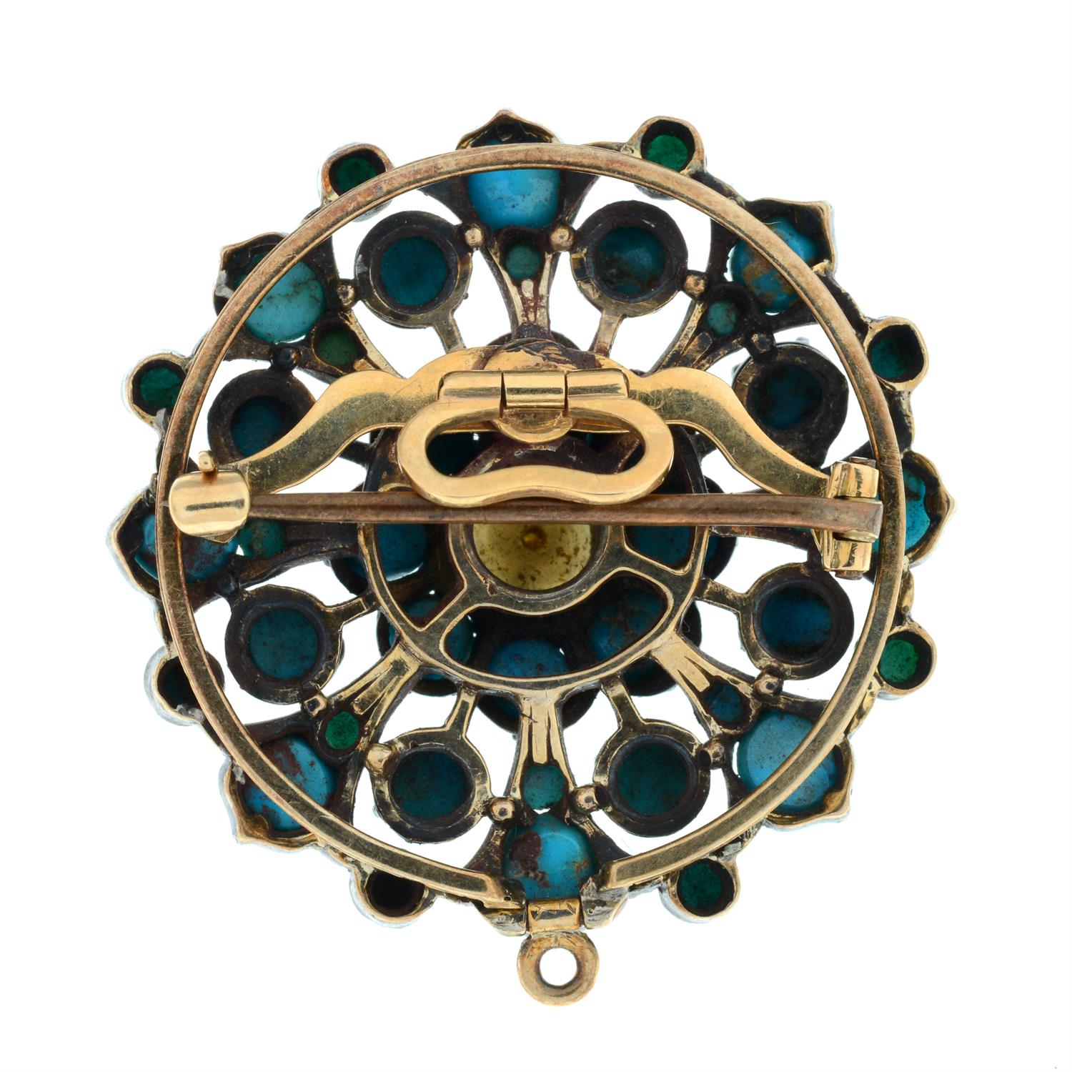 A late Victorian silver and gold turquoise and mabe pearl openwork brooch/pendant. - Image 3 of 4