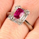 A ruby and vari-cut diamond cluster ring.