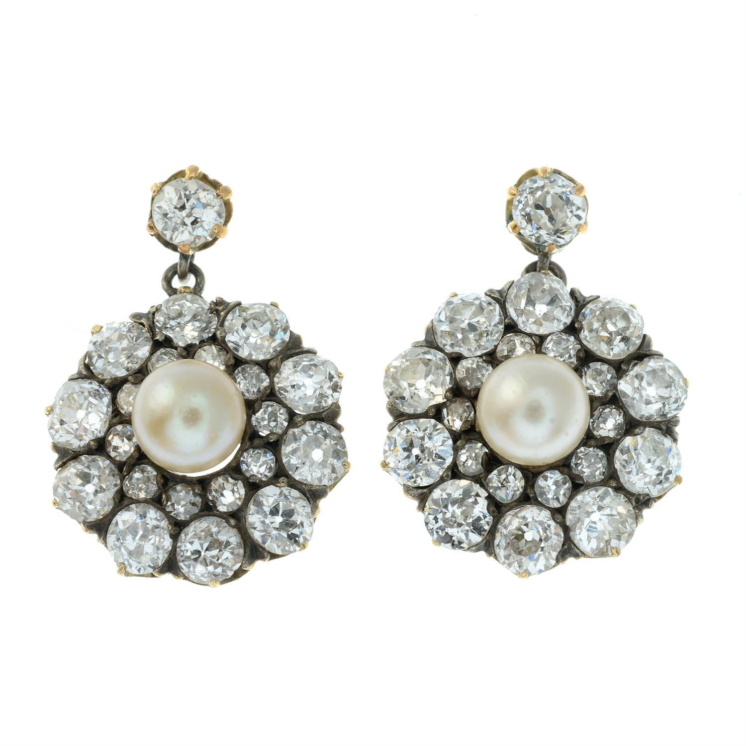 A pair of late 19th century gold old-cut diamond and pearl cluster earrings. - Image 2 of 3