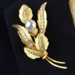 A 1970s gold single-cut diamond and baroque cultured pearl floral brooch.