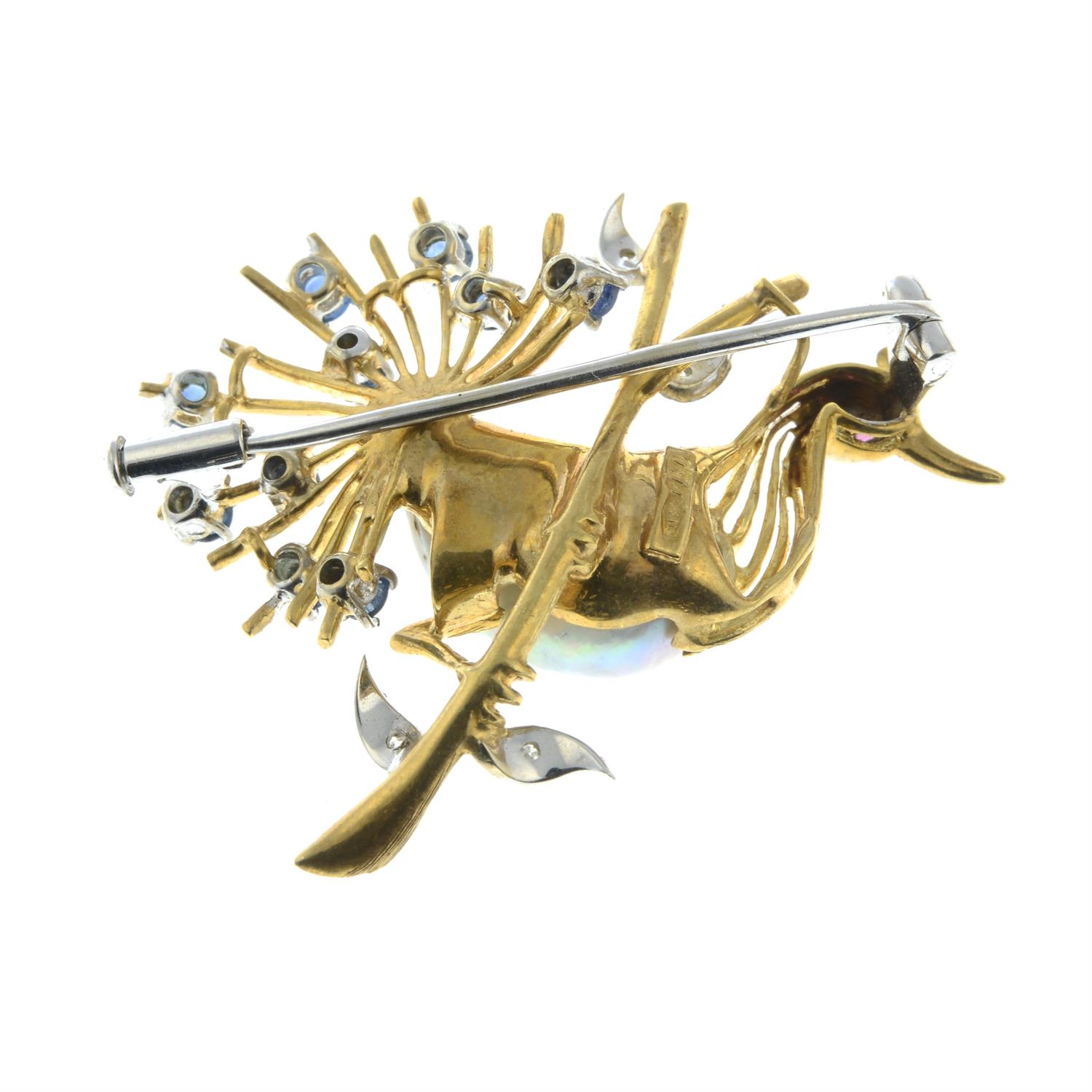 A mid 20th century 18ct gold baroque cultured pearl, sapphire and diamond bird brooch, - Image 3 of 4