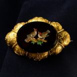 A late 19th century micro mosaic brooch, depicting goldfinches, with 18ct gold cannetille surround.