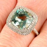 An 18ct gold bluish green beryl and brilliant-cut diamond cluster ring, with diamond shoulders.