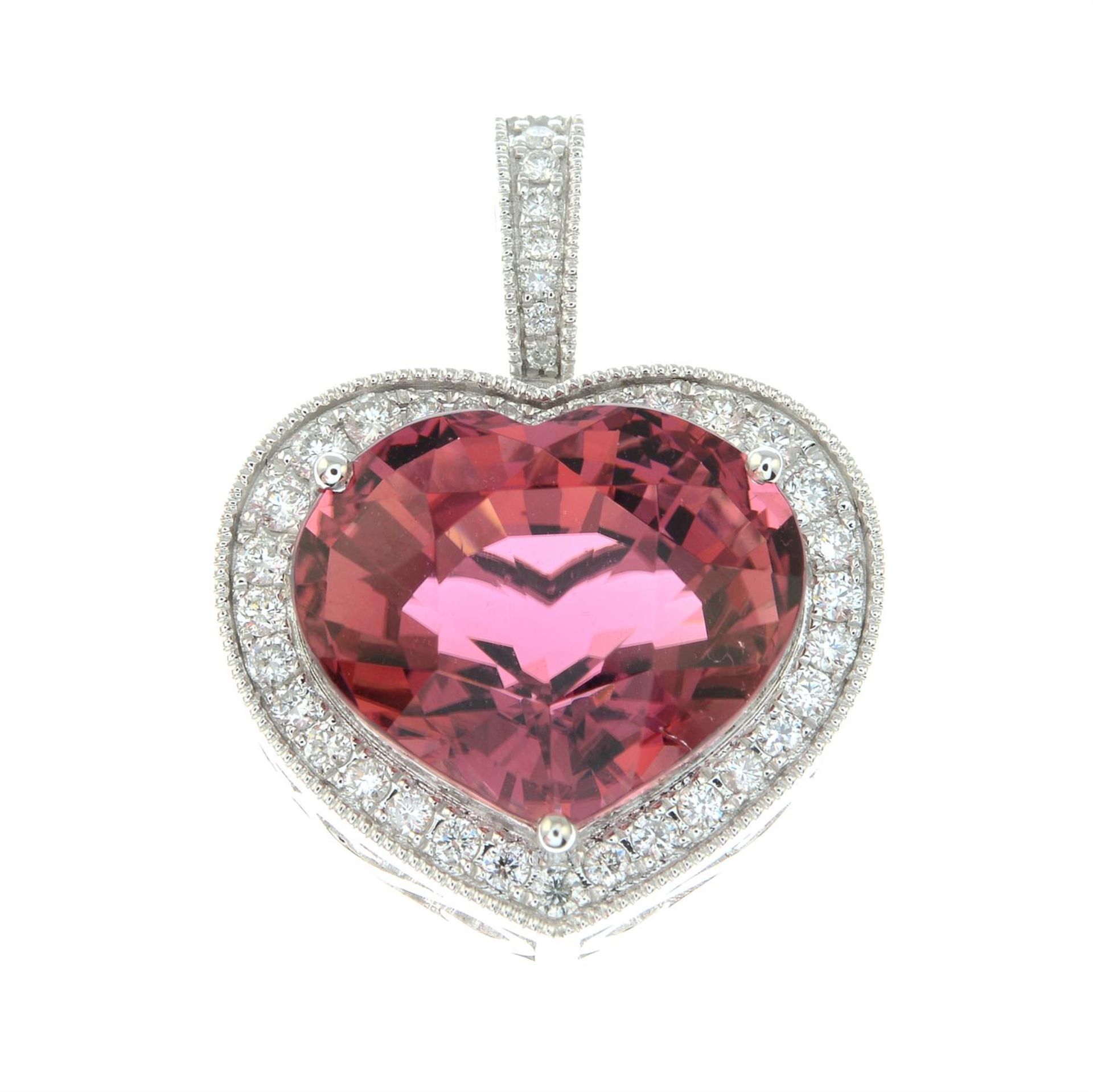 An 18ct gold pink tourmaline and brilliant-cut diamond heart-shape pendant. - Image 2 of 4