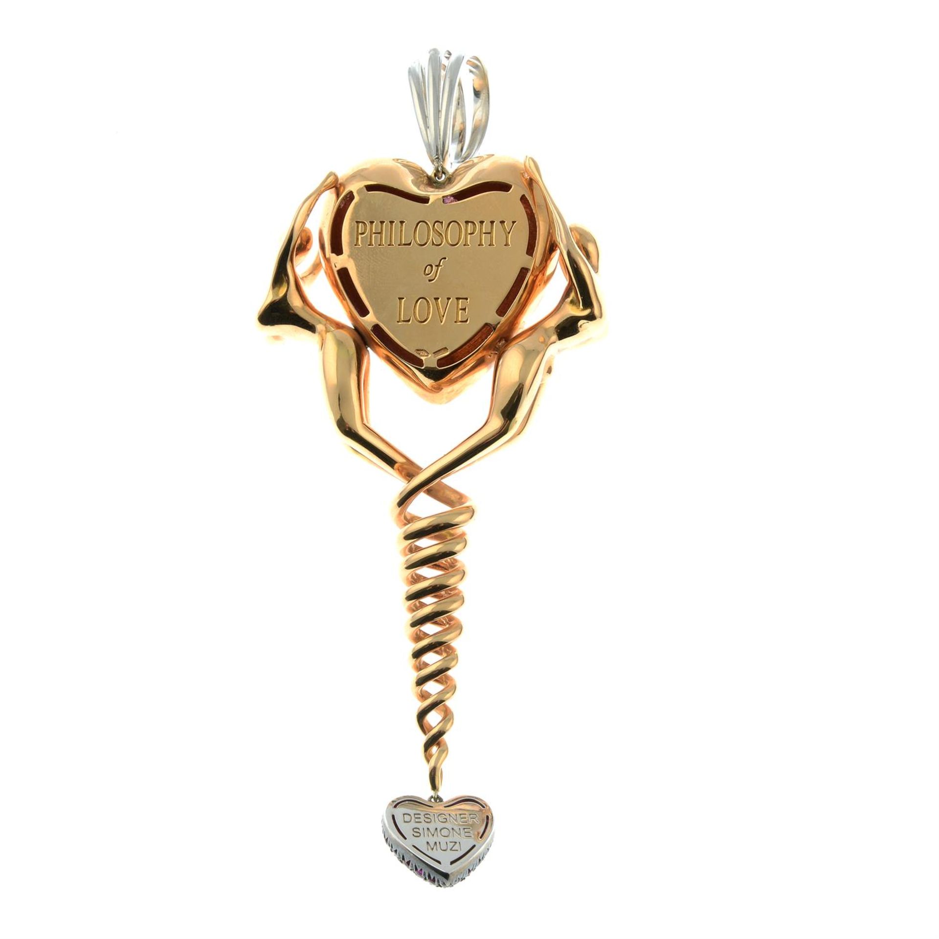 An amethyst cabochon heart and diamond 'Philosophy of Love' pendant, with pavé-set ruby heart drop, - Image 3 of 4