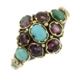 An early 20th century 12ct gold garnet and turquoise dress ring.