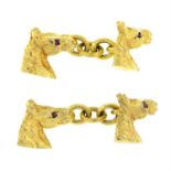 A pair of 1960s 9ct gold horse head cufflinks, each with ruby eye detail, by Cropp & Farr.