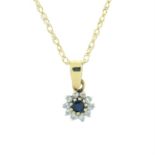 A 9ct gold sapphire and diamond cluster pendant, with trace-link chain.