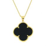 An onyx quatrefoil pendant, with chain.