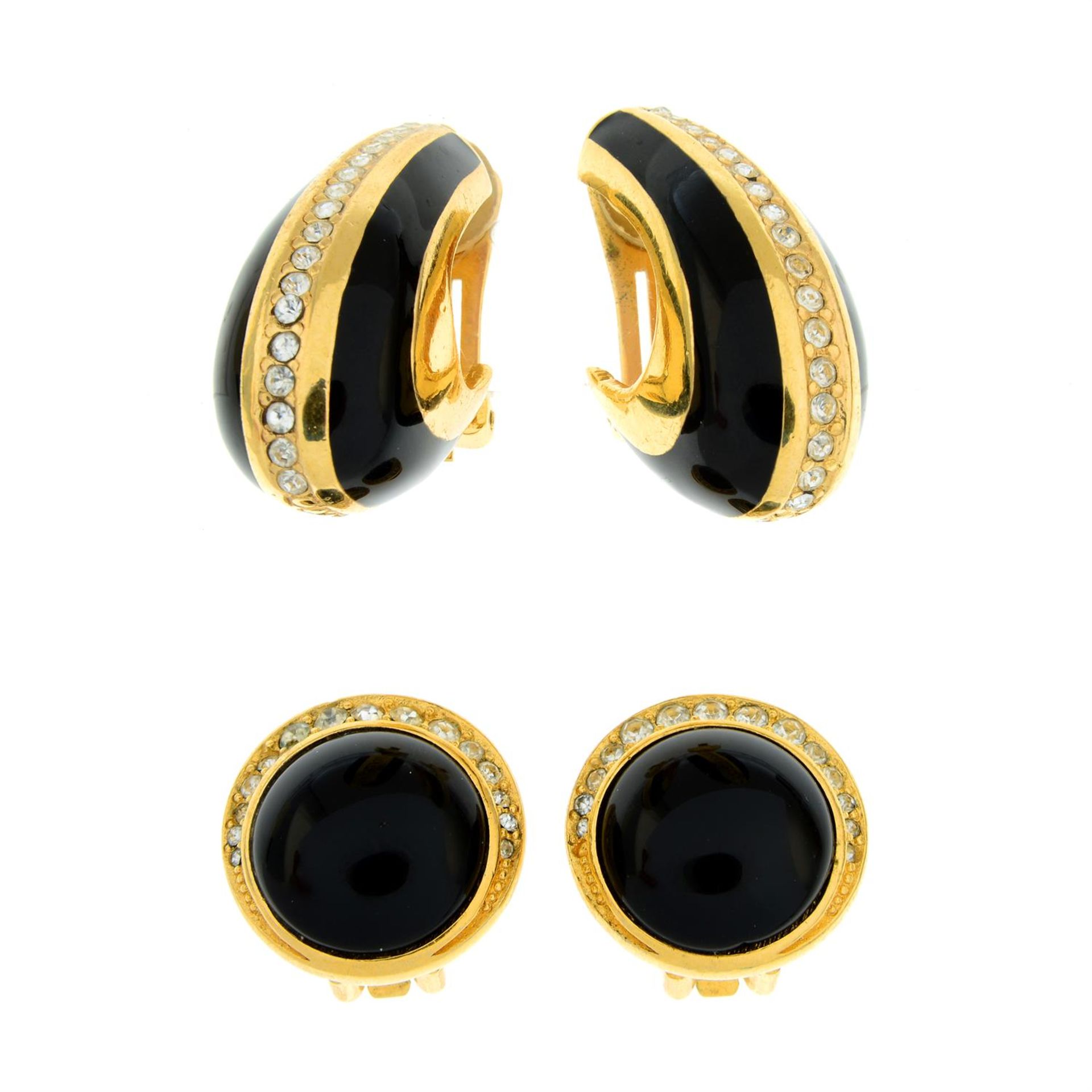 CHRISTIAN DIOR - two pairs of clear paste and black enamel clip-on earrings.
