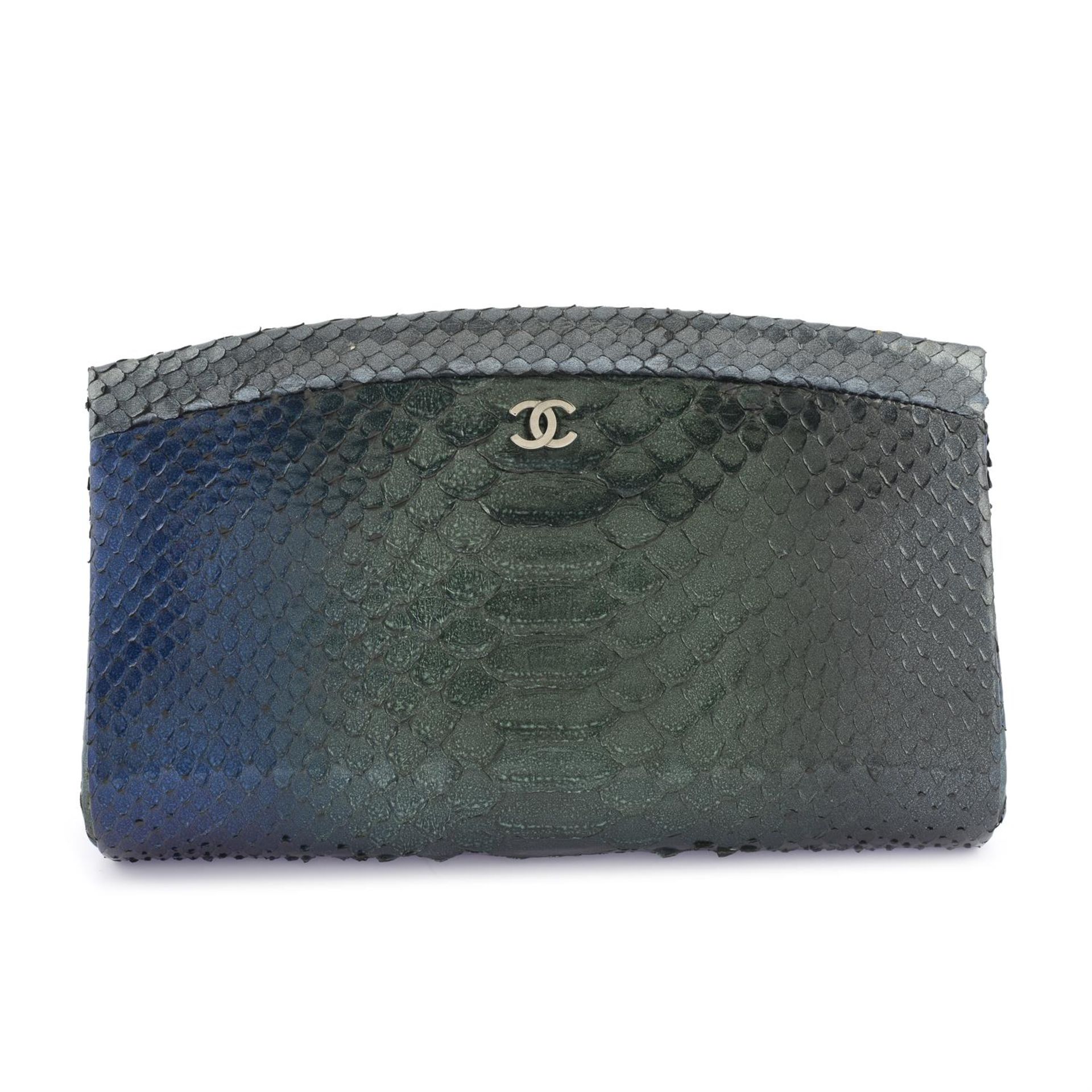 CHANEL - a green and blue gradient Python clutch.