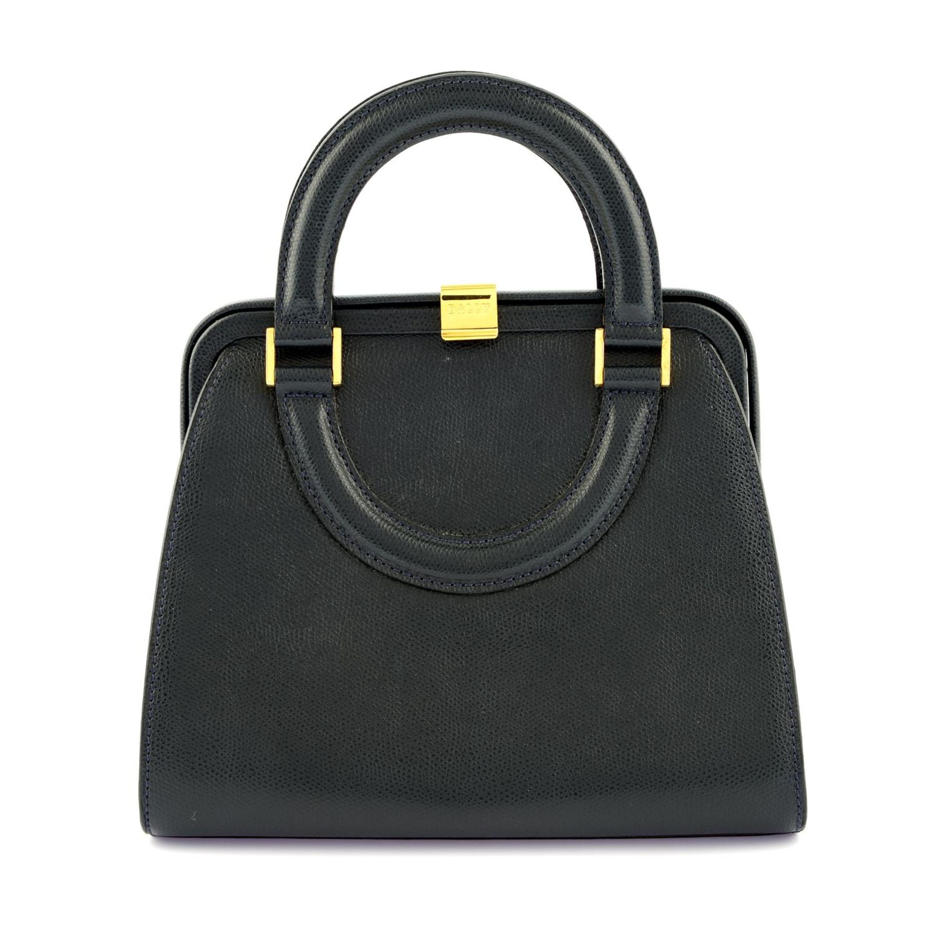 BALLY - a navy leather top handle bag.