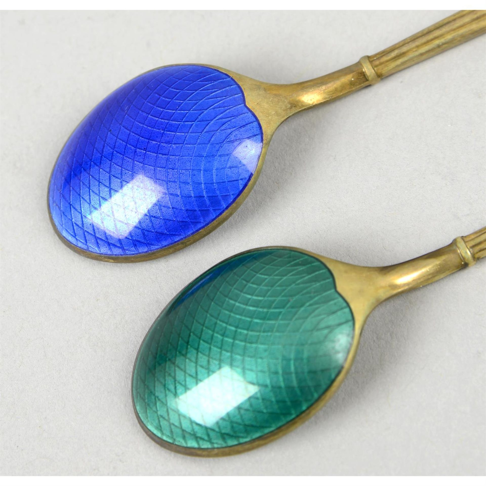 A cased set of six Danish silver-gilt & enamel coffee spoons, by A. Michelsen. - Image 3 of 3