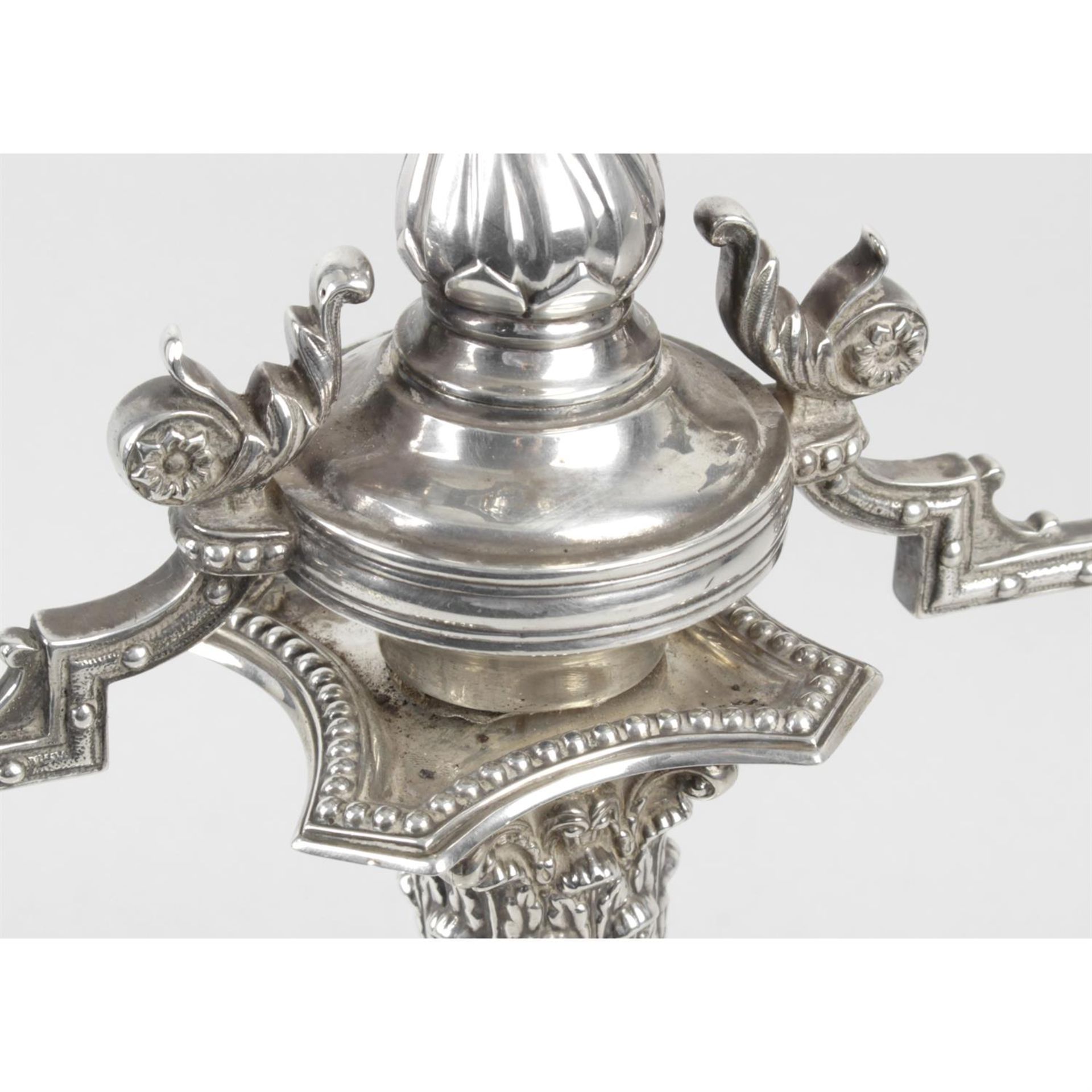 A late Victorian silver mounted two branch candelabrum. - Image 2 of 4