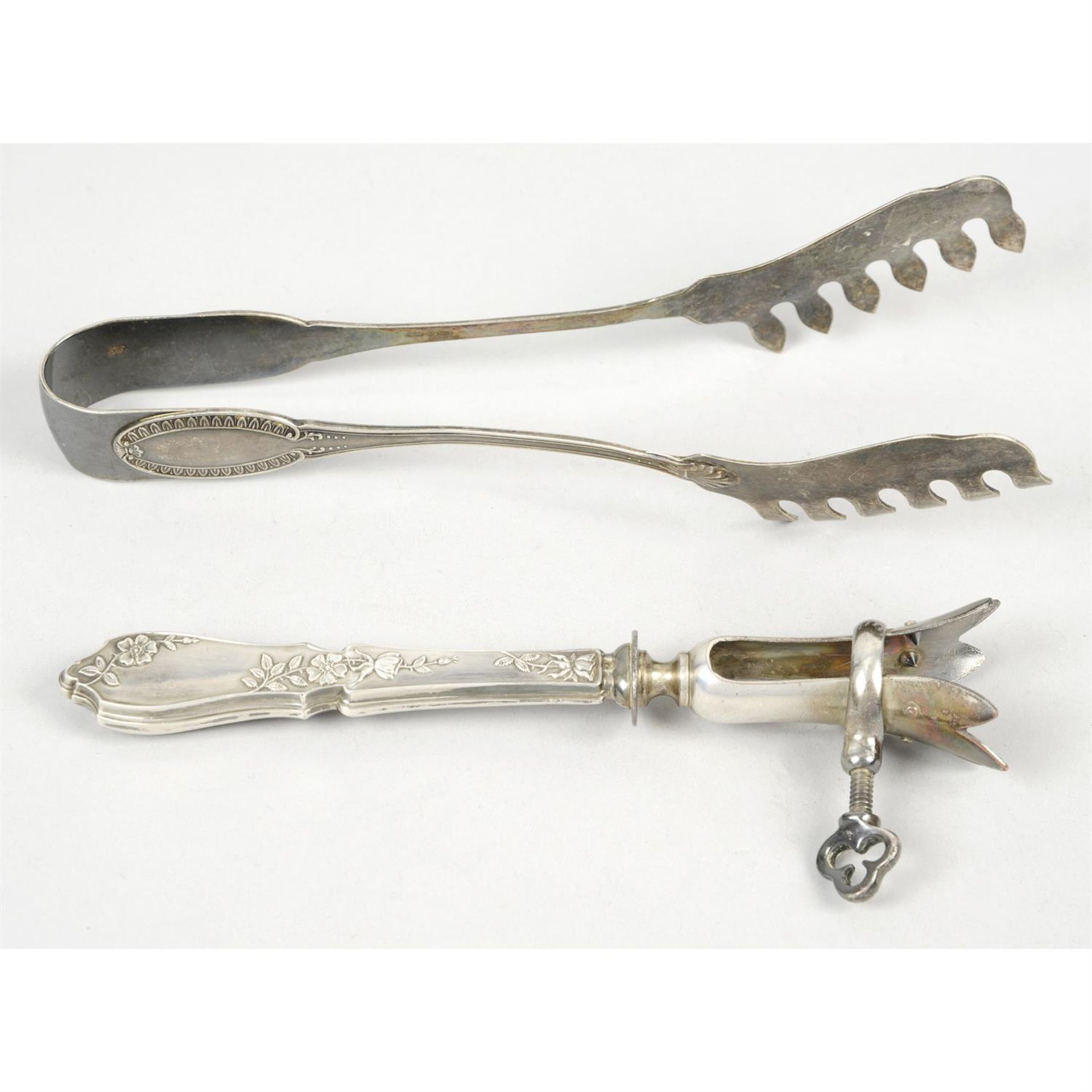 A French silver-handled & steel ham-bone holder; together with a pair of Italian 800 standard