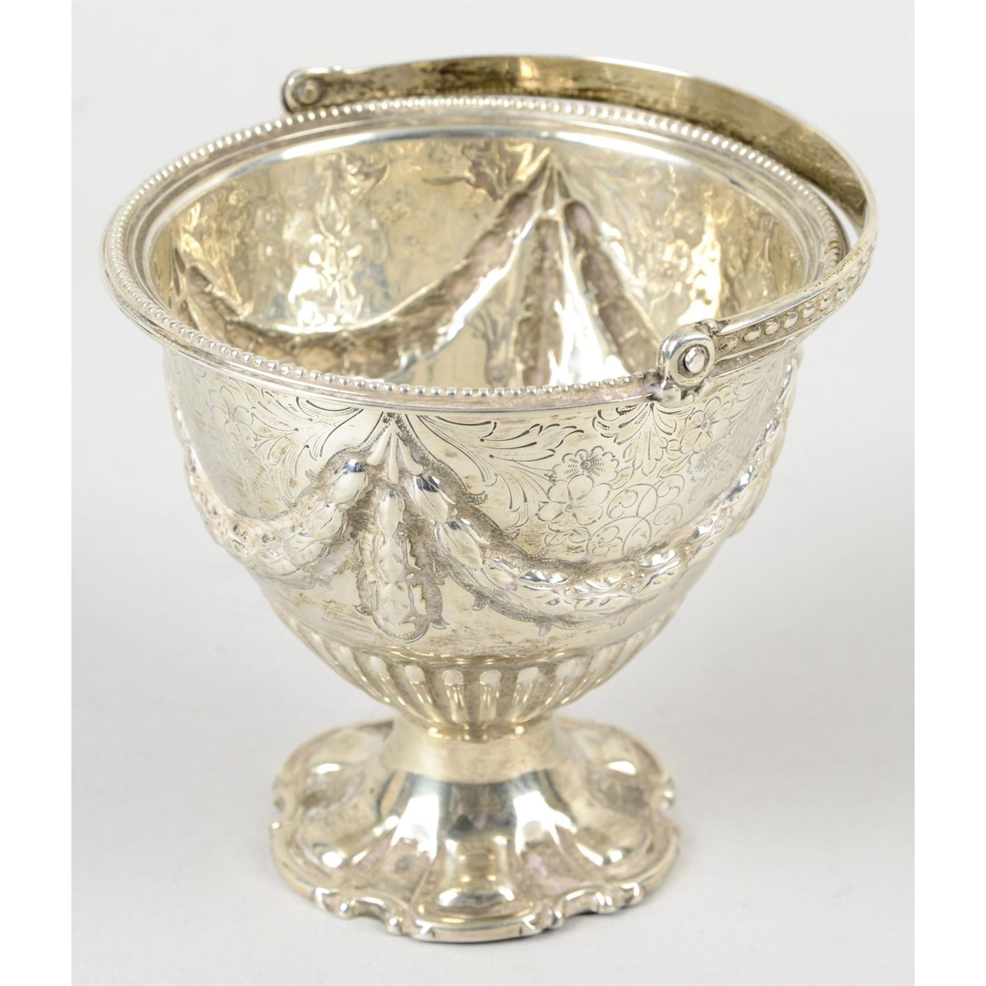 A Victorian silver pedestal sugar basket with swing handle. - Image 2 of 3