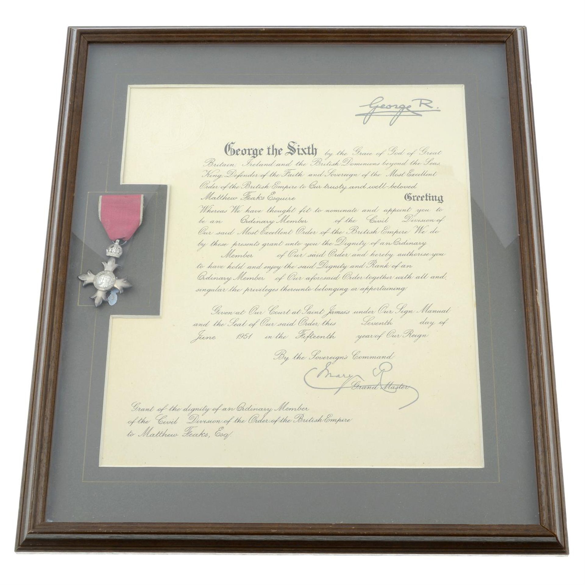 MBE breast badge, Civil, 2nd type, framed with certificate.