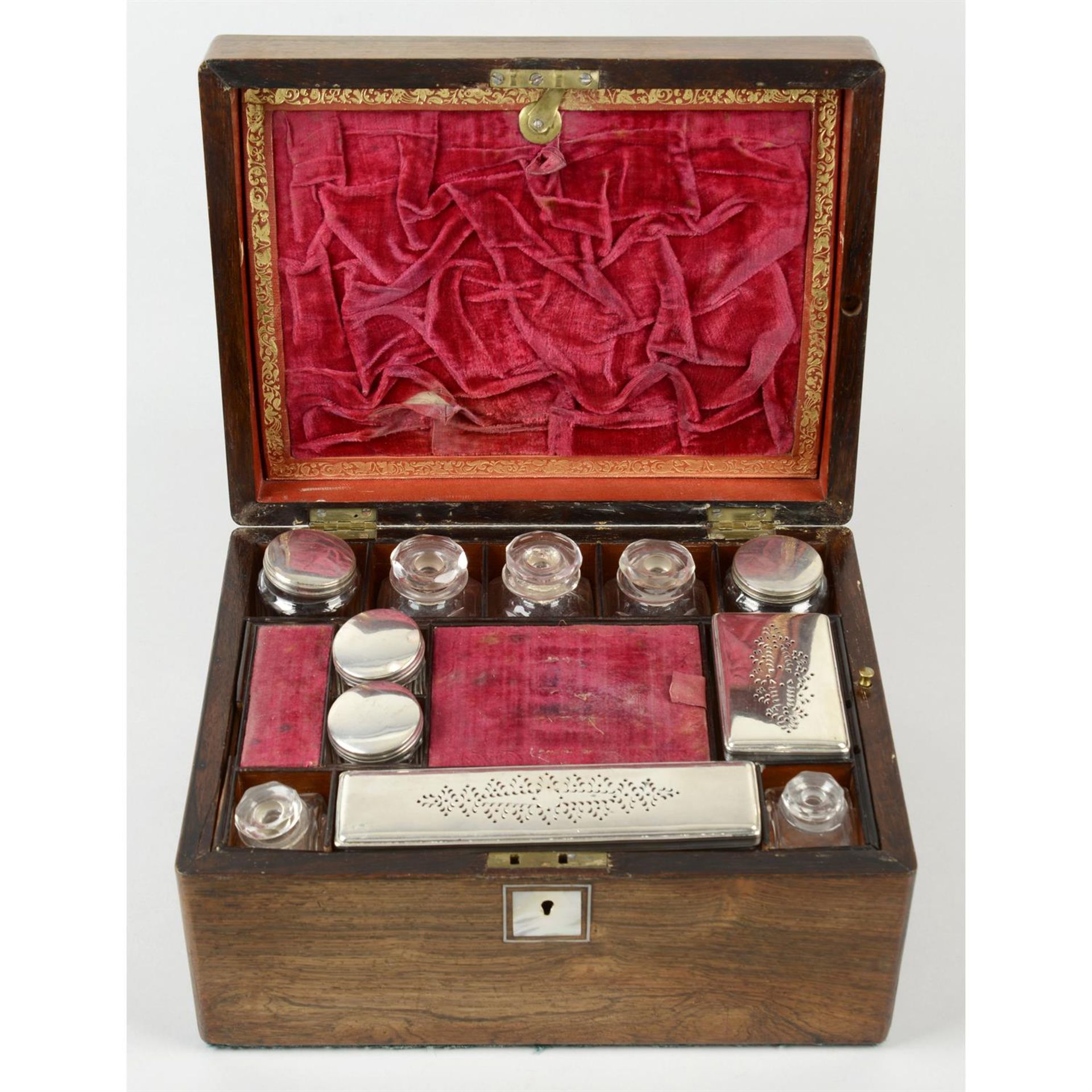 A travelling vanity/work case with plated mounts; together with a plated inkstand. (2).