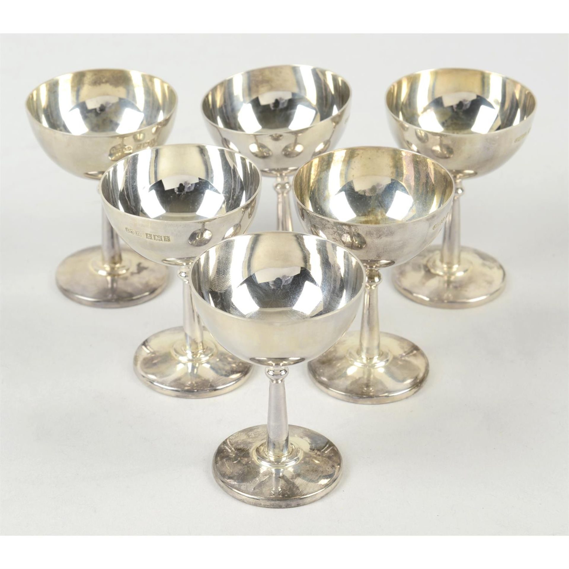 A set of six mid-20th century silver miniature goblets, in fitted case.