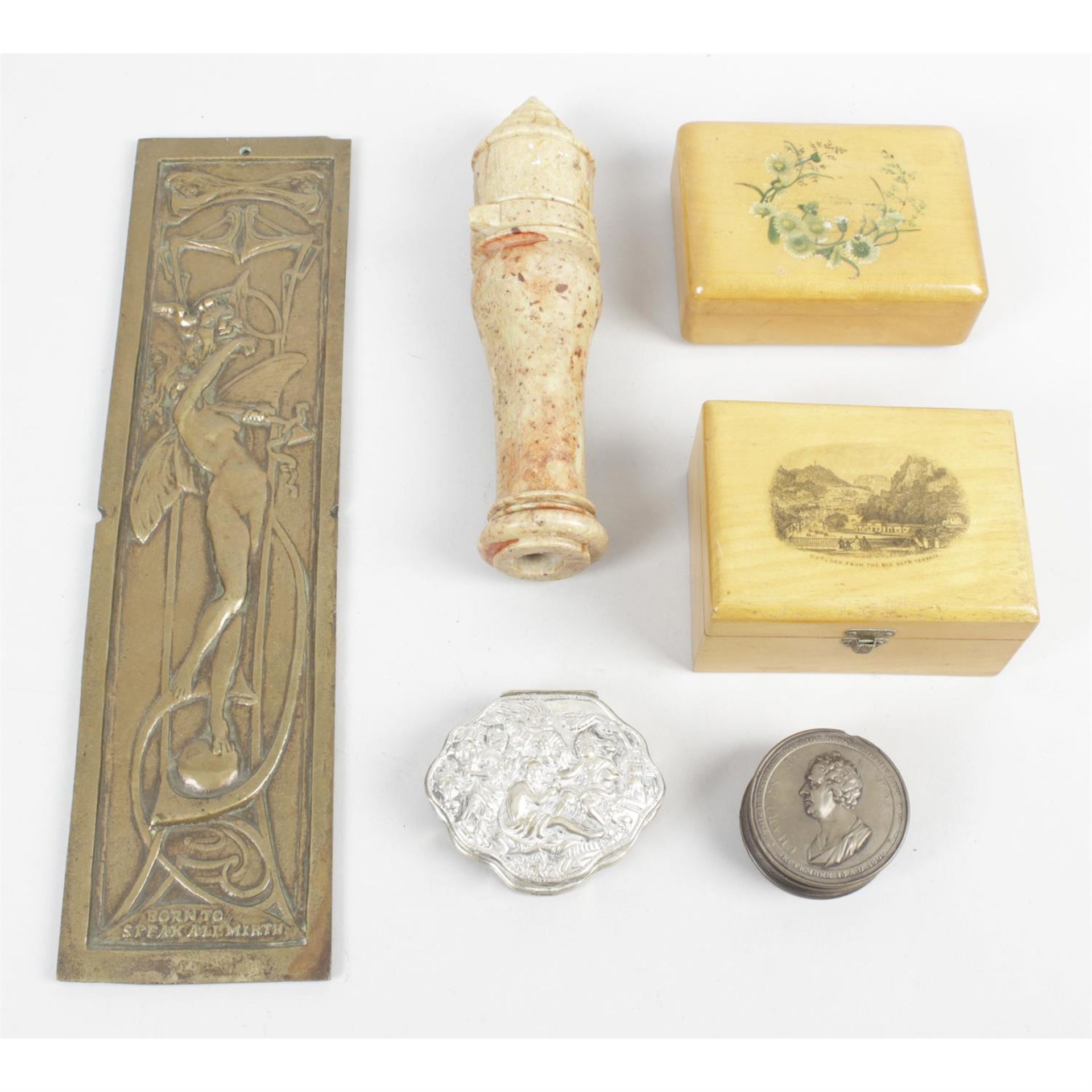 A collection of items, to include three Mauchline ware trinket boxes, Art Nouveau bronze