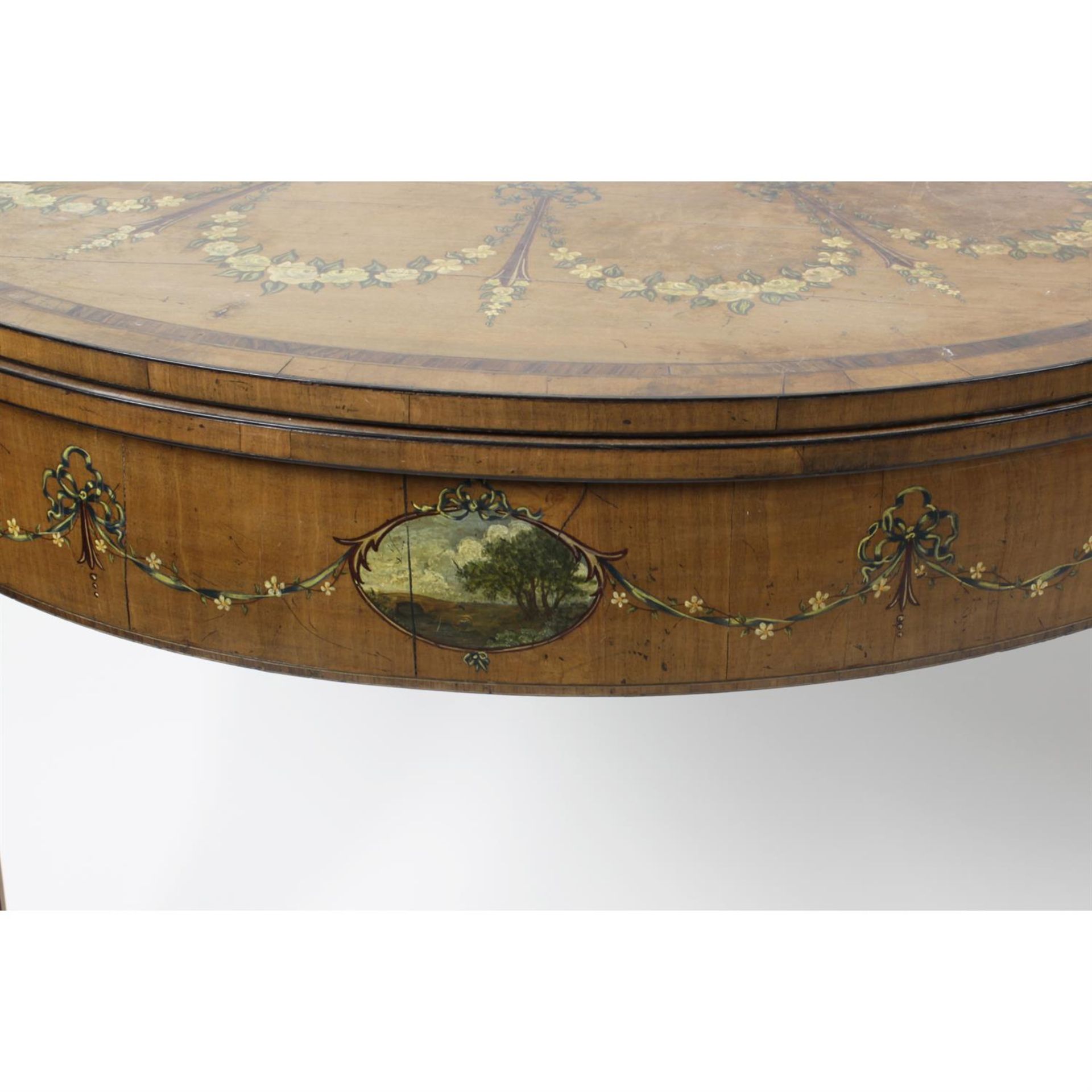 A near pair of early 20th century painted satinwood card tables, each of demi-lune shaped form. - Image 5 of 6