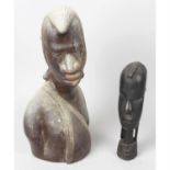 A selection of African and other carved heads and busts, together with an eastern chalk figurine