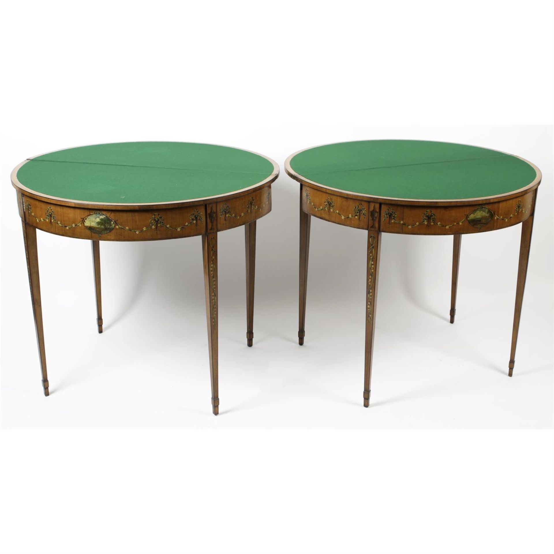 A near pair of early 20th century painted satinwood card tables, each of demi-lune shaped form. - Image 6 of 6