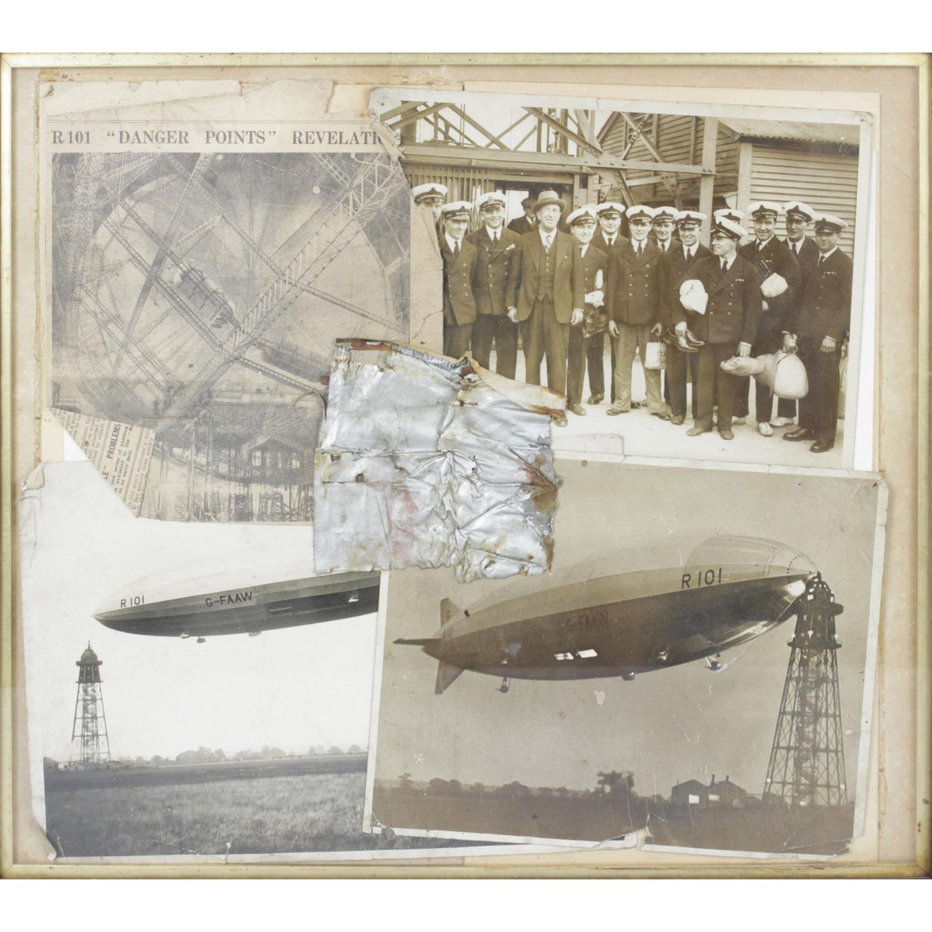 An oak framed collection of original items relating to the disaster of the British R101 Airship.