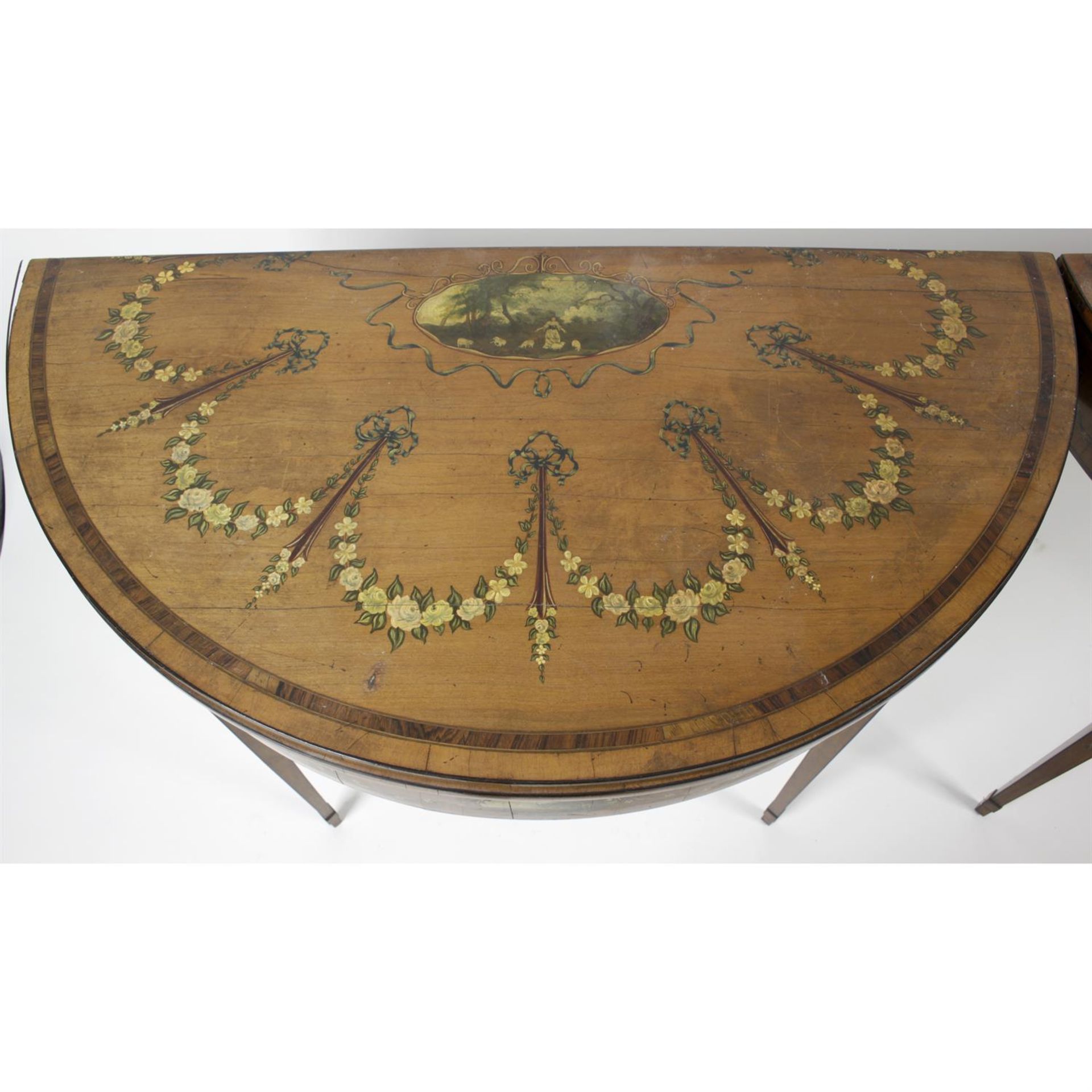 A near pair of early 20th century painted satinwood card tables, each of demi-lune shaped form. - Image 2 of 6