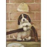 A 20th century oil painting, depicting a puppy.