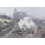 C.D Holland (20th century), two framed watercolour and gouache studies depicting trains.