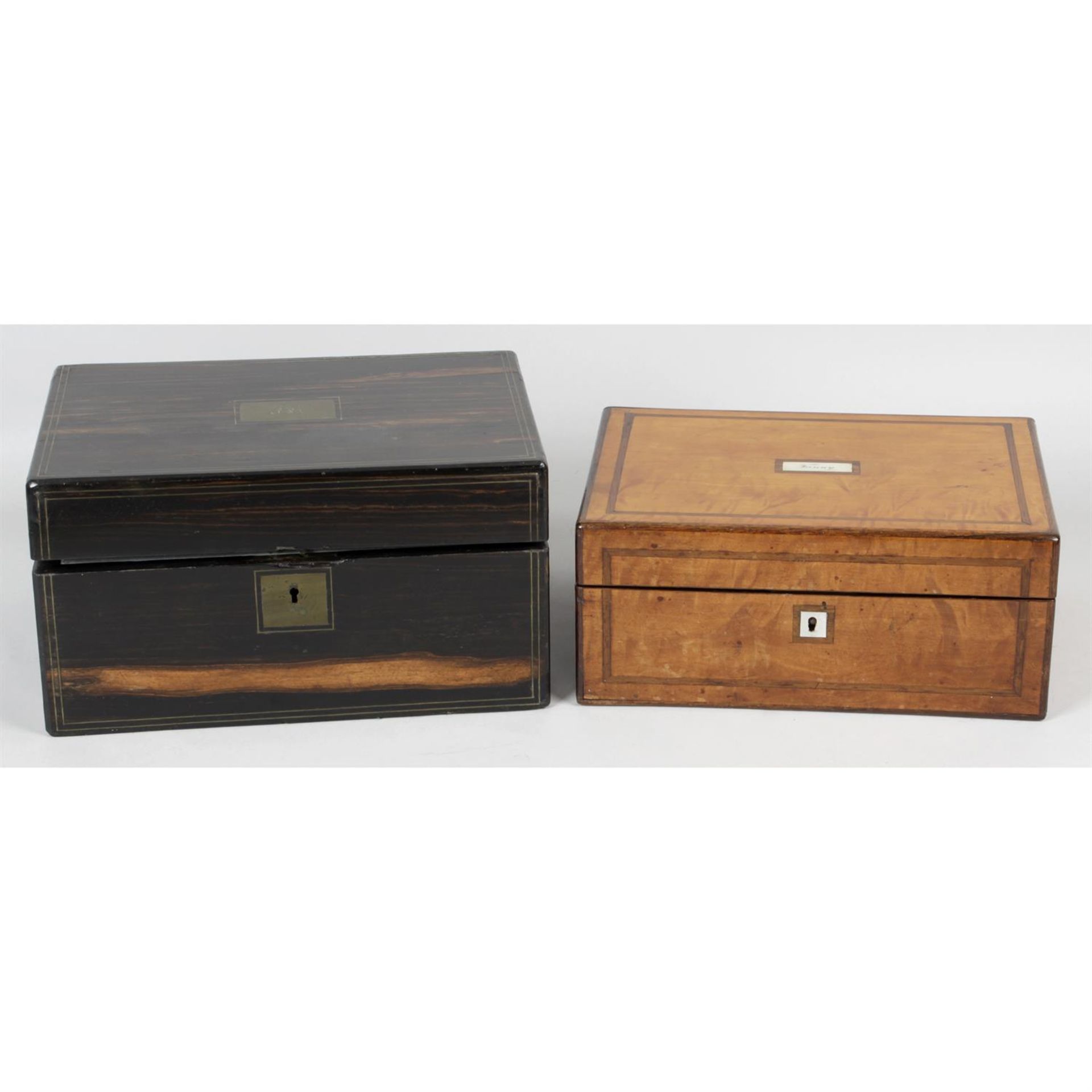 A late 19th century elm sewing box, together with a similar Coromandel example, etc. (4)